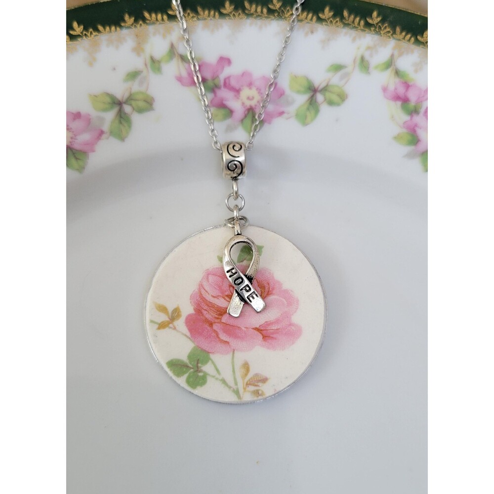 Broken China Breast Cancer Awareness "Hope" Ribbon Charm Pendant Necklace